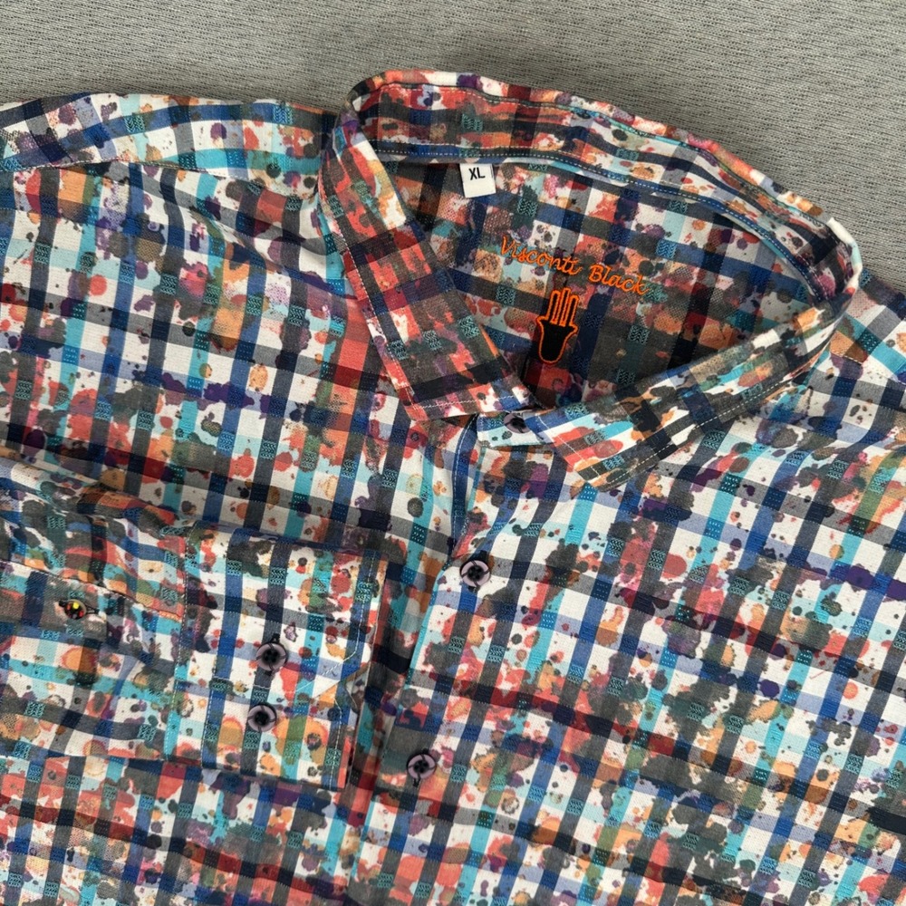 Luchiano Visconti Shirt Mens XL Black Paint Splatter Check Button Down Vibrant
